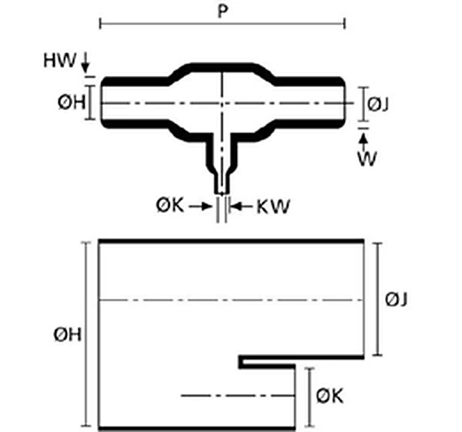 Disegno quotato del preformed boot CPE CPB-B3T0, stile T a 3 vie, con vista laterale e in sezione e le quote di diametro e lunghezza