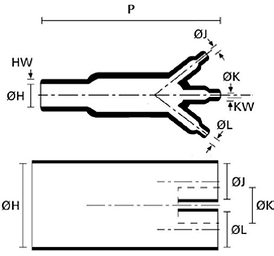 Disegno quotato del preformed boot CPE CPB-B4Y3, forcella 3 a 4 vie, con vista laterale e in sezione e le quote di diametro e lunghezza