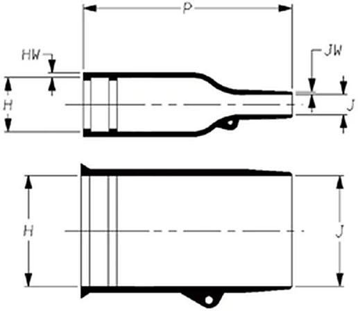 Disegno quotato del preformed boot CPE CPB-K2S0, dritta a 2 vie, con vista laterale e in sezione e le quote di diametro e lunghezza
