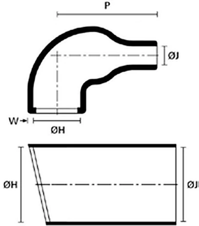 Disegno quotato del preformed boot CPE CPB-L2R0, 90° a 2 vie, con vista laterale e in sezione e le quote di diametro e lunghezza