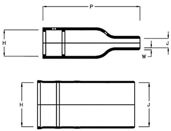 Disegno quotato del preformed boot CPE CPB-L2S0, dritta a 2 vie, con vista laterale e in sezione e le quote di diametro e lunghezza