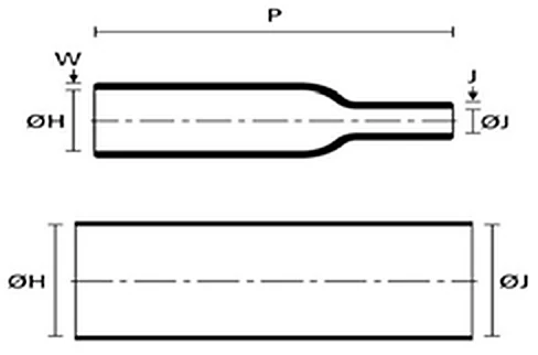Disegno quotato del preformed boot CPE CPB-N2S0, dritta a 2 vie, con vista laterale e in sezione e le quote di diametro e lunghezza