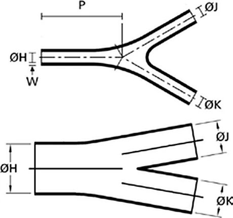 Disegno quotato del preformed boot CPE CPB-N3Y2, forcella 2 a 3 vie, con vista laterale e in sezione e le quote di diametro e lunghezza