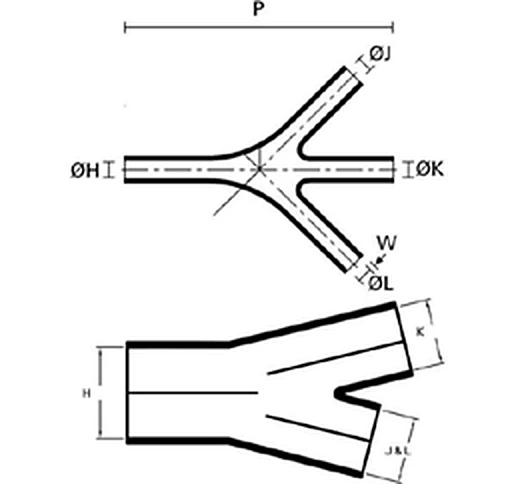 Disegno quotato del preformed boot CPE CPB-N4Y3, forcella 3 a 4 vie, con vista laterale e in sezione e le quote di diametro e lunghezza